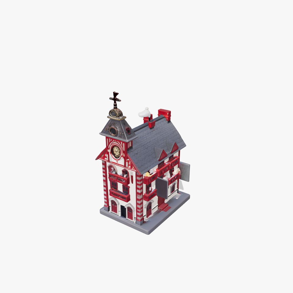 Toy Clock Tower Model with Musical Figurines and Weather Vane