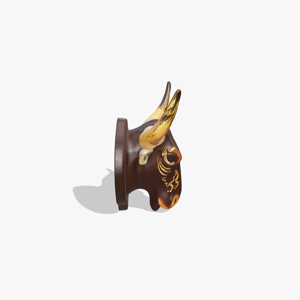 Westward Bull Head with Decorative Horns and Oak Mount