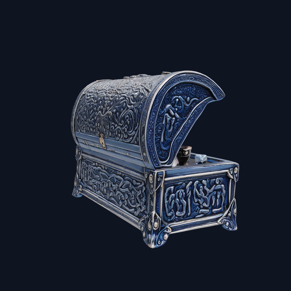 Dark Fantasy Treasure Chest with Cursed Jewels and Artifacts