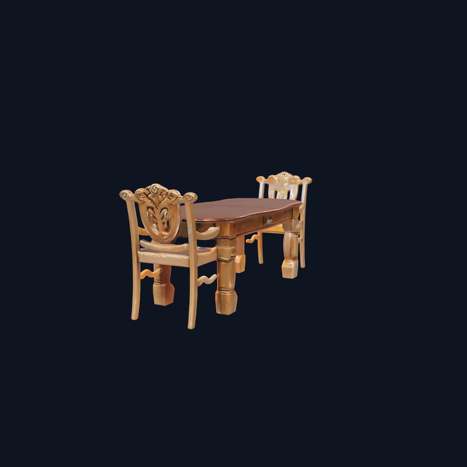 Rustic Wooden Dining Set with Carved Details model pack