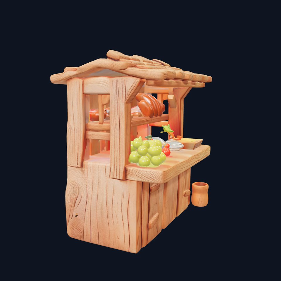 Rustic Wooden Market Stall with Produce model pack
