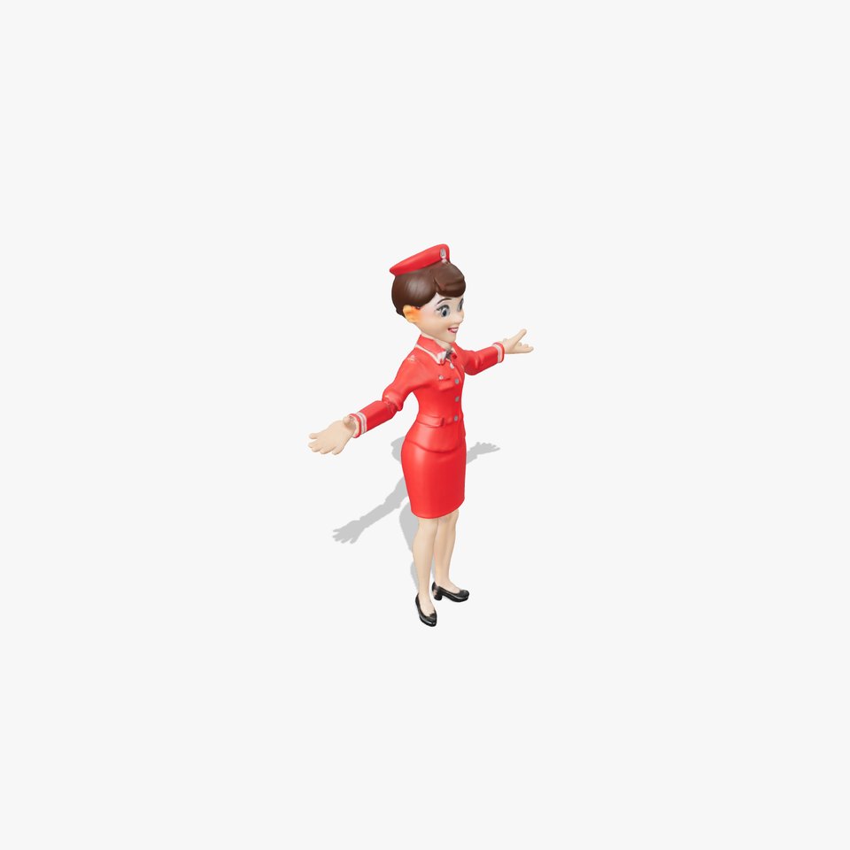 Animated Airline Stewardess D Model in Red Uniform TPose