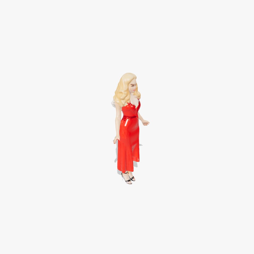 Elegant Evening Gown Character with Blonde Hair and Red Dress