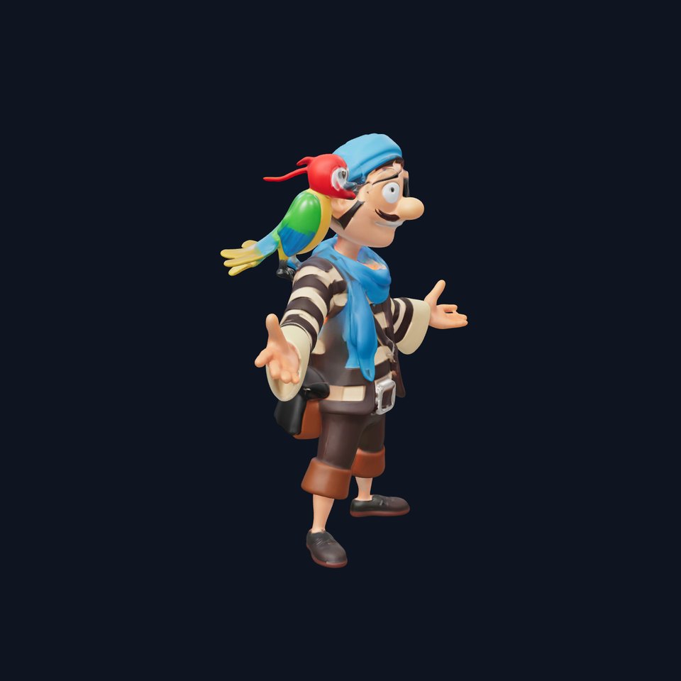 Cheerful Pirate with Parrot D Model  Rigged and Animated