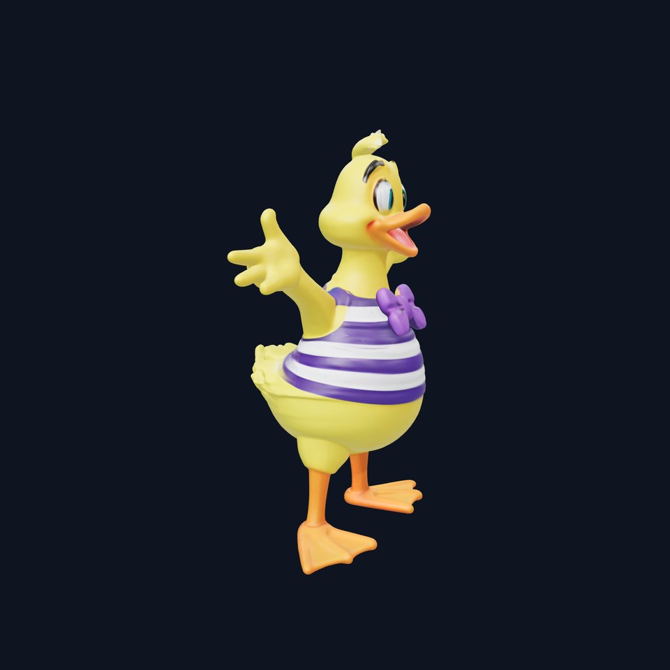 Cheerful Duck Character in Striped Shirt with Bow Tie  D Model