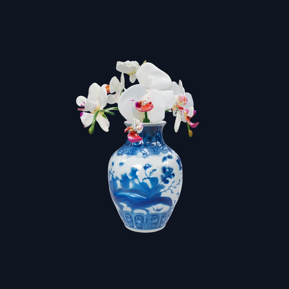Elegant Blue Porcelain Vase with Orchids Model Pack