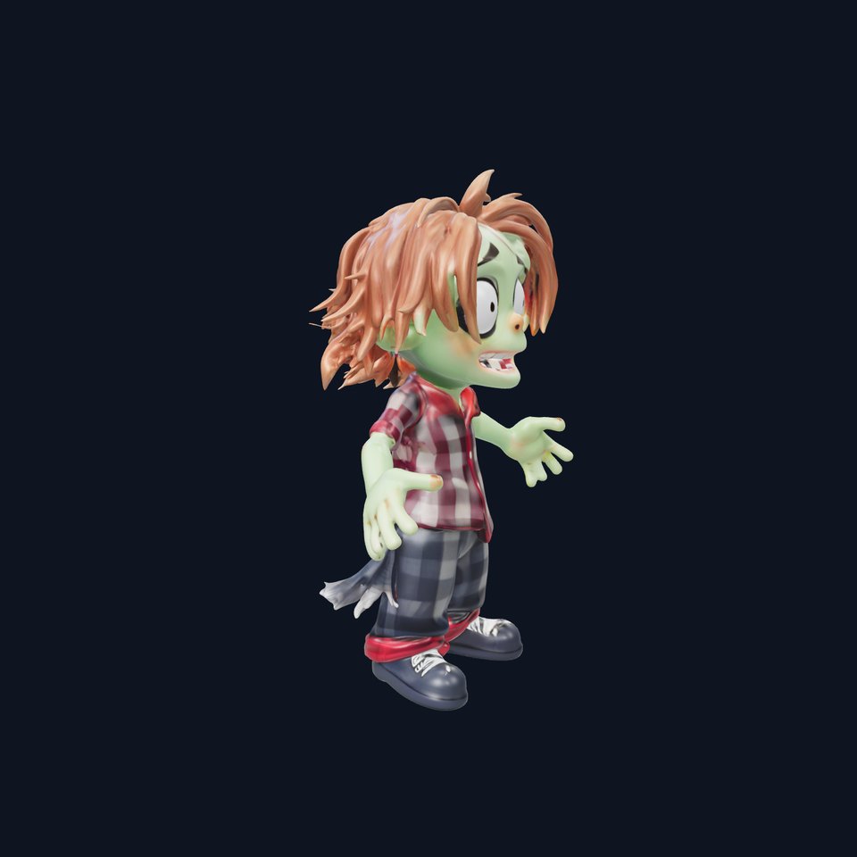Cartoonish Zombie Kid D Model with Checkered Shirt and Hair