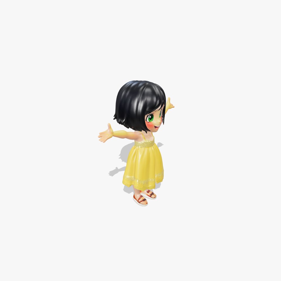 Cute Chibi Girl D Model with Yellow Dress and Green Eyes