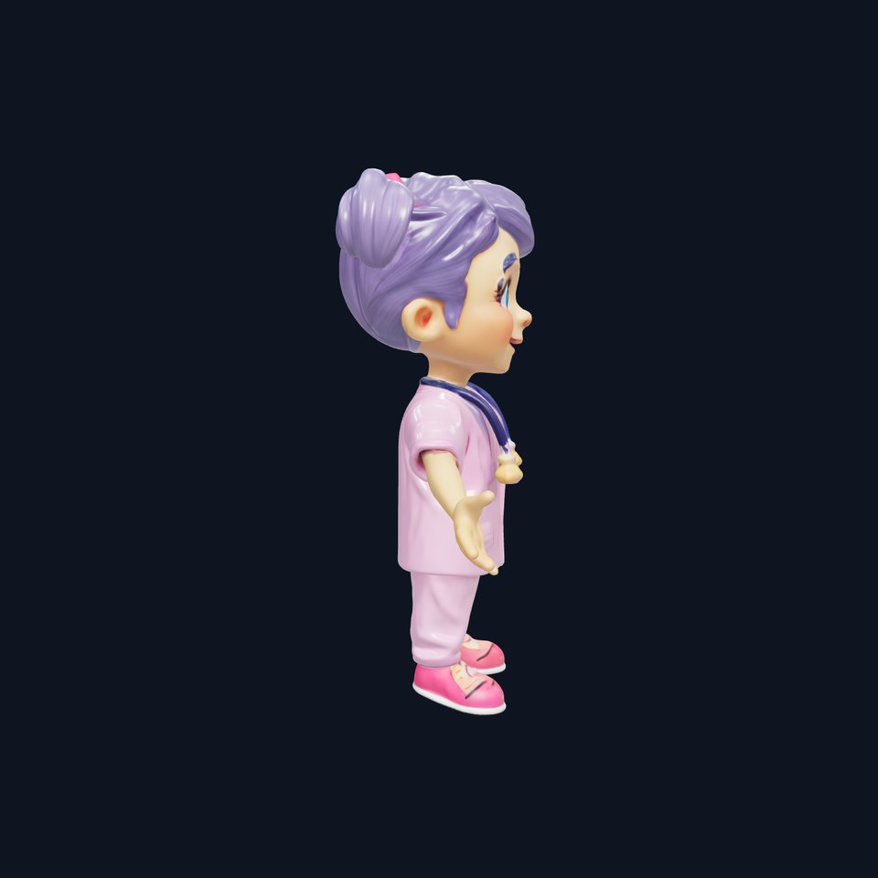 Cartoon Nurse Girl Character Model with Purple Hair and Pink Outfit