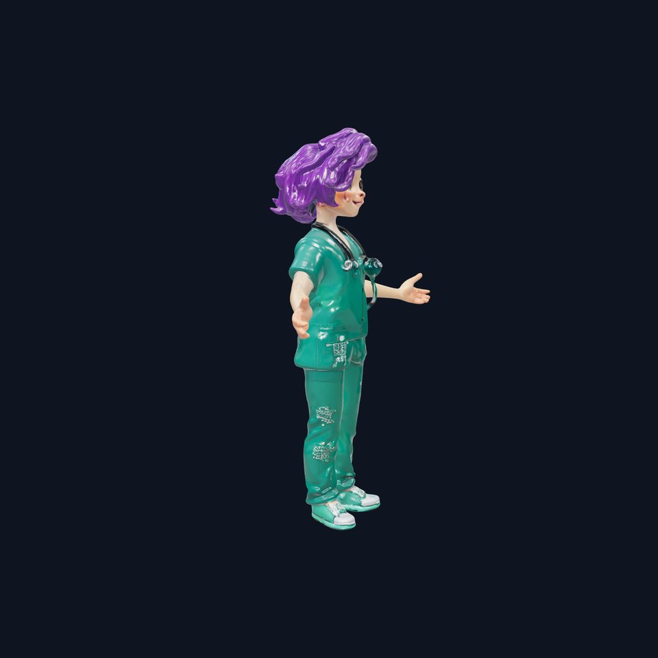 Animated D Medical Character with Purple Hair and Stethoscope