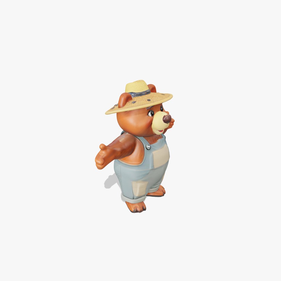 Animated Rigged Bear Character with Overalls and Straw Hat