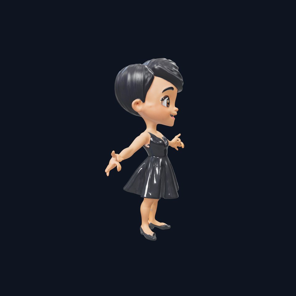 Animated Female Character in Black Dress Rigged and Animated