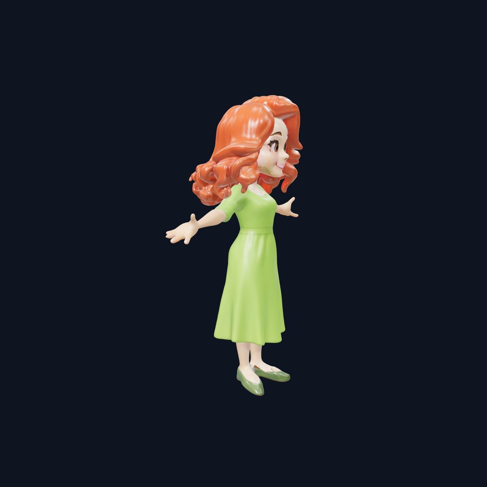 Animated D Character Model Green Dress Female Rigged and Animated