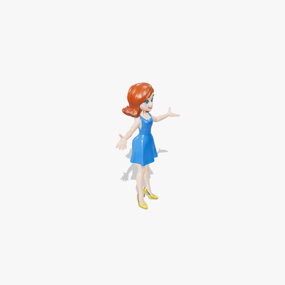 Smiling Female D Character in Blue Dress Rigged and Animated