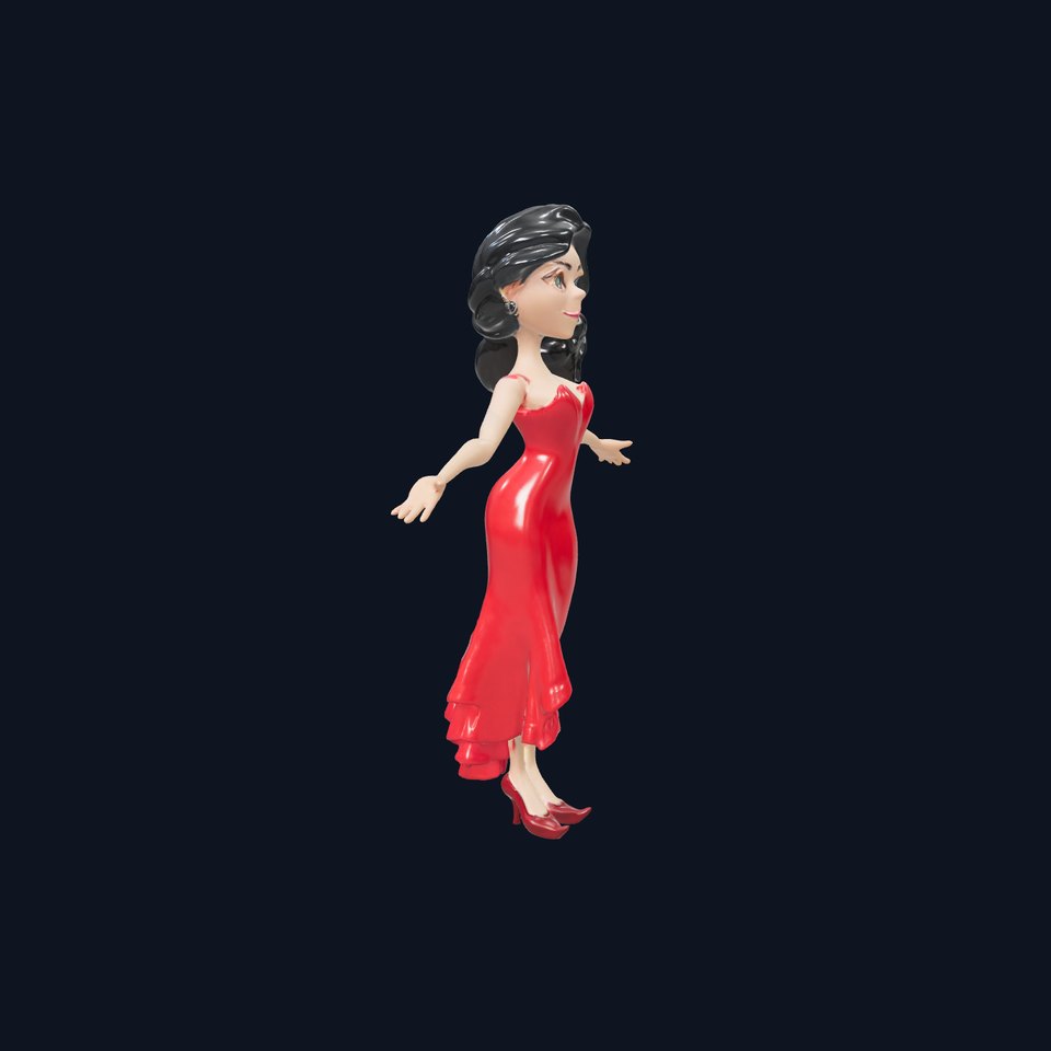Elegant Female Character in Red Dress Rigged and Animated