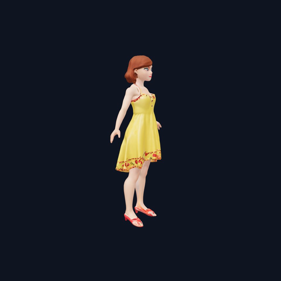 Sunny Day Female Character in Yellow Dress Rigged and Animated
