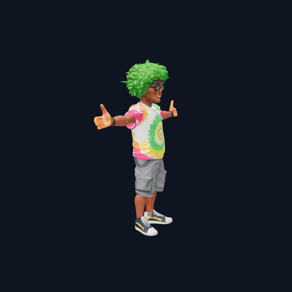 Animated TieDye Youth Character with Green Afro Rigged and Animated