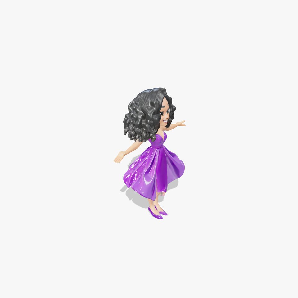 CurlyHaired Animated Character in Purple Dress Rigged and Animated