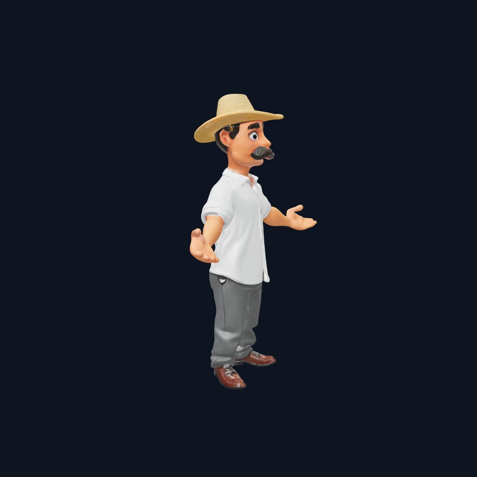 Cartoon Farmer with Hat and Mustache Rigged and Animated