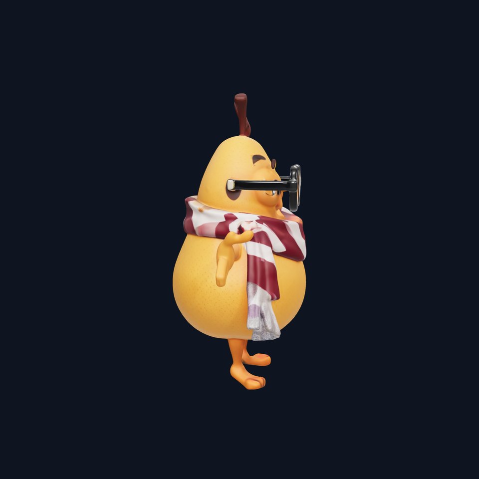 Cheerful Pear Character Rigged and Animated with Glasses and Scarf