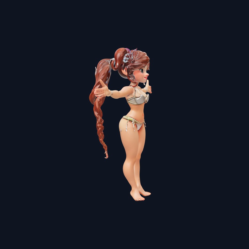 Animated D Rigged Character Model with Long Braided Hair