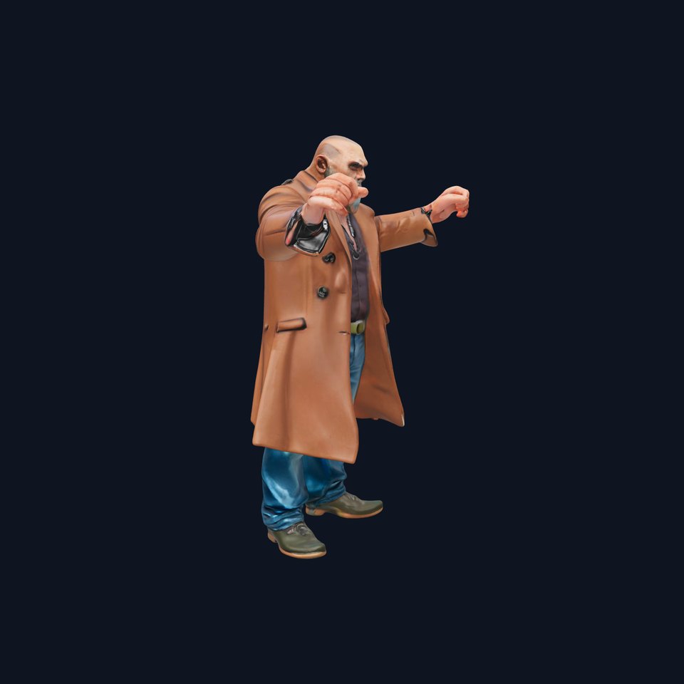 Bald Strongman in Trench Coat Rigged and Animated D Model