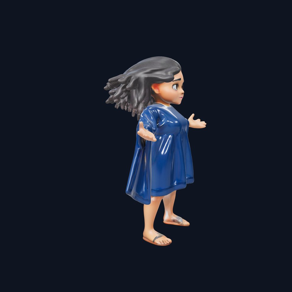 CurlyHaired Girl in Blue Dress Rigged and Animated D Character Model