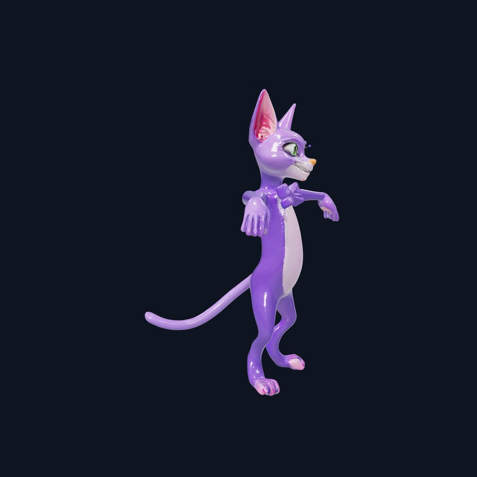 Purple Cartoon Cat with Bow Tie Rigged and Animated Model