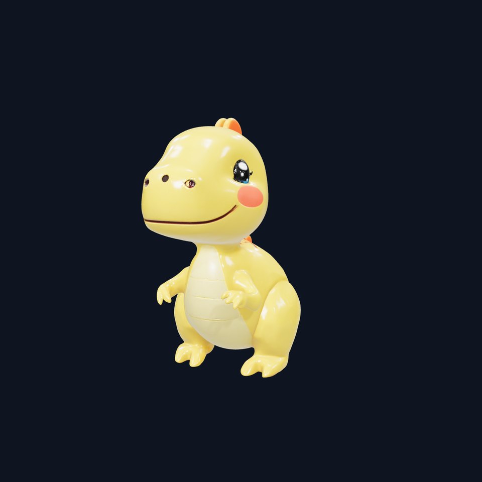 Vibrant canaryyellow cartoon allosaurus with babylike features blushing cheeks happy eyes and glossy skin effect