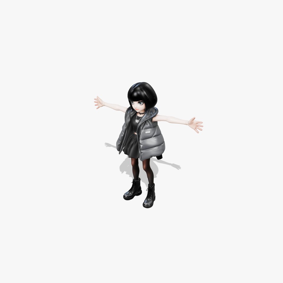 Edgy Playful Girl in Black Puffer Jacket
