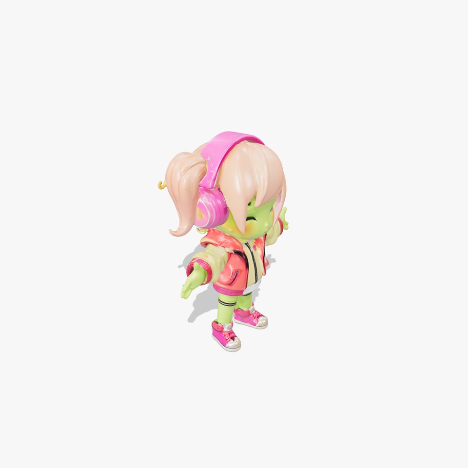Chibi Green Alien Girl with Headphones Rigged and Animated