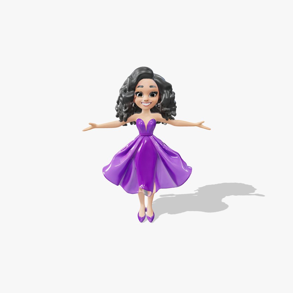 CurlyHaired Animated Character in Purple Dress Rigged and Animated