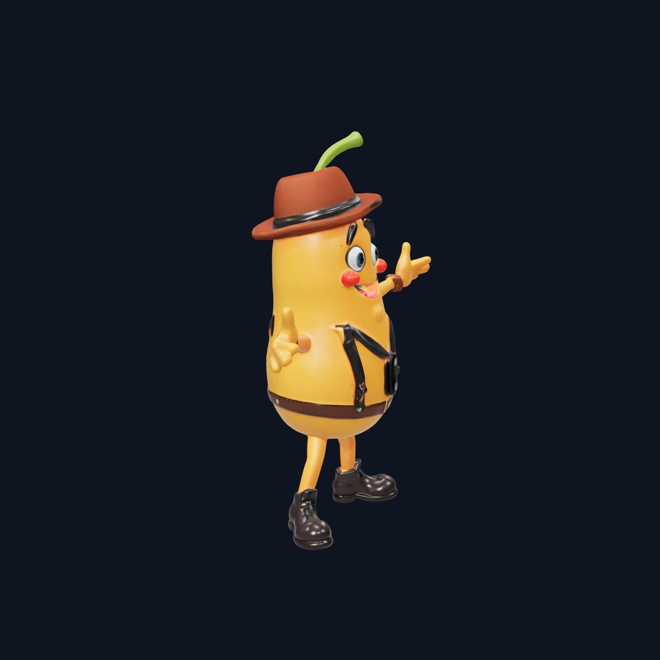 Animated and Rigged Happy Pear Character with Hat and Suspenders