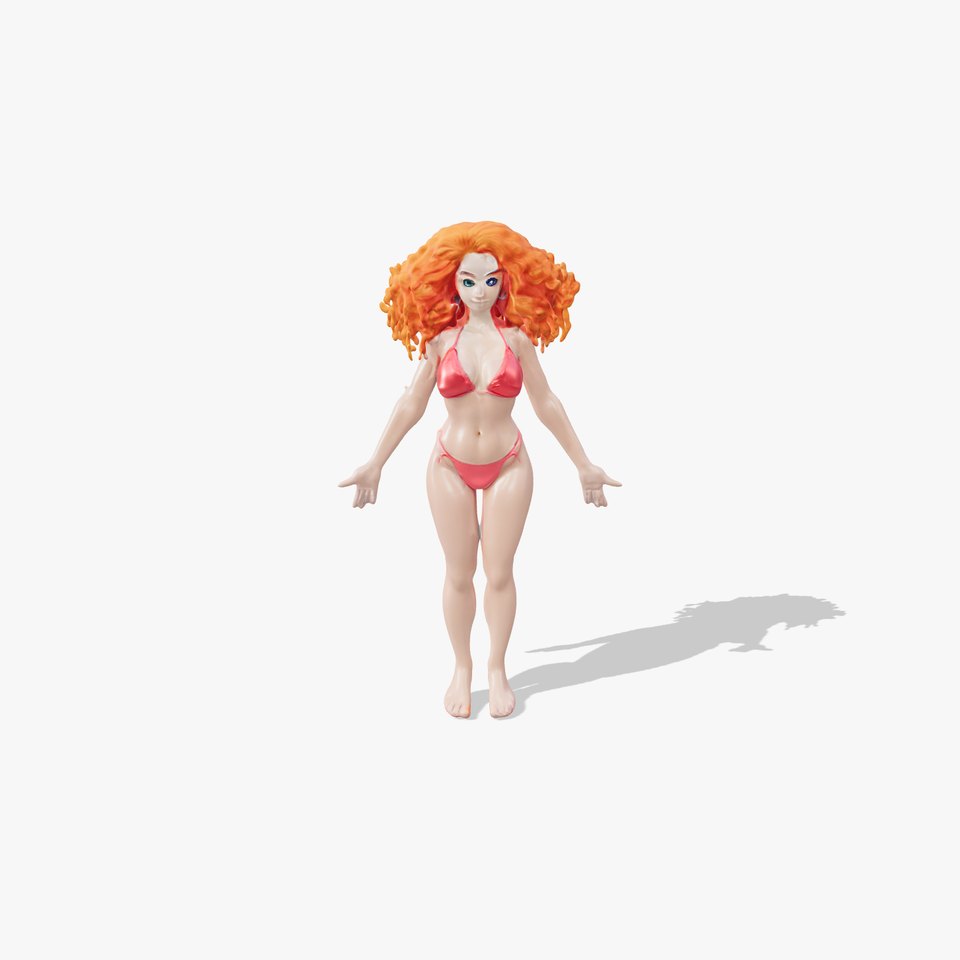 Curly Redhead Bikini Model Rigged and Animated