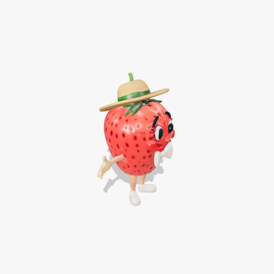 Strawberry Character D Model Rigged and Animated with Hat and Bowtie