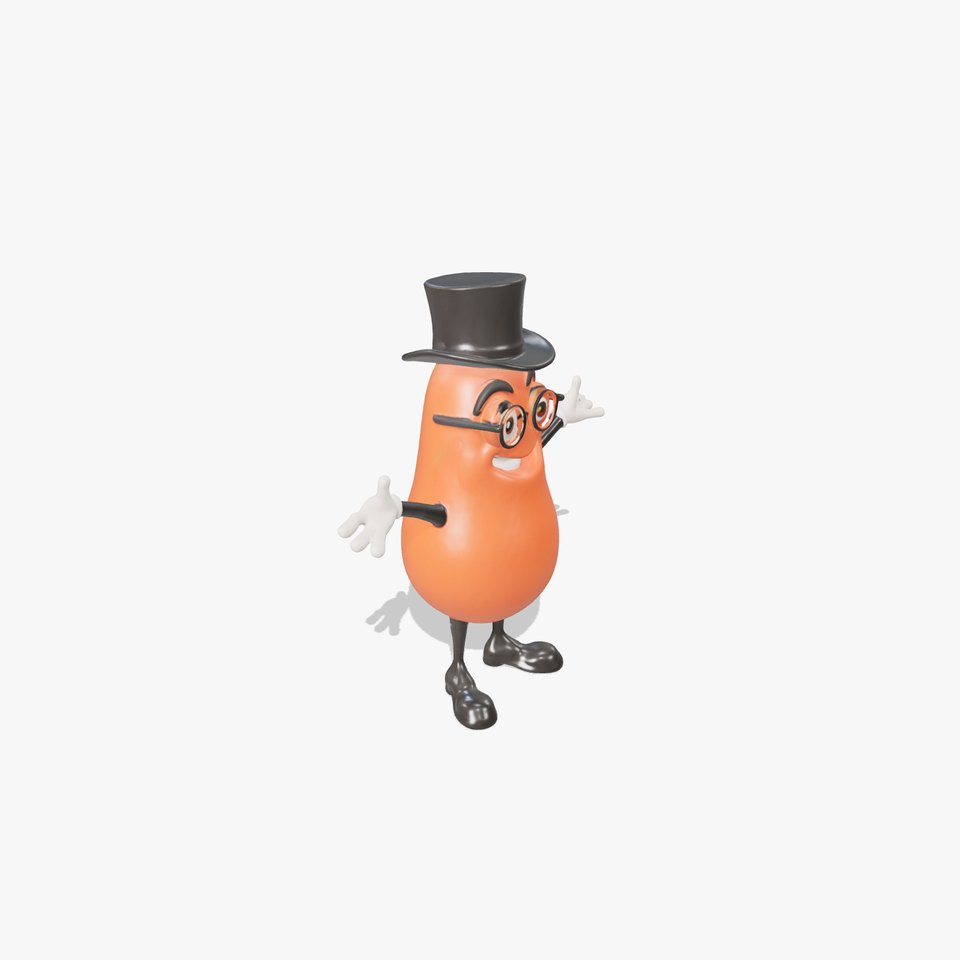 Cheerful Bean Character with Top Hat and Glasses  Rigged and Animated