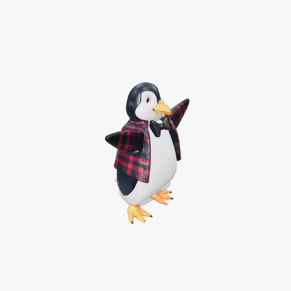 Stylish Rigged and Animated Penguin Character Model in Plaid Outfit
