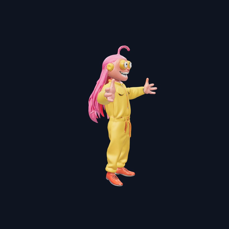 Smiling PinkHaired Character in Yellow Jumpsuit  Rigged and Animated