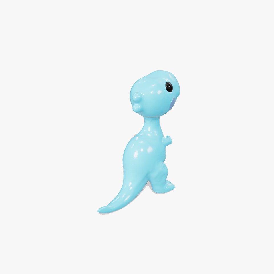 Whimsical bright blue cartoon dino with short snout wide eyes pointed tail and vibrant reflective skin texture